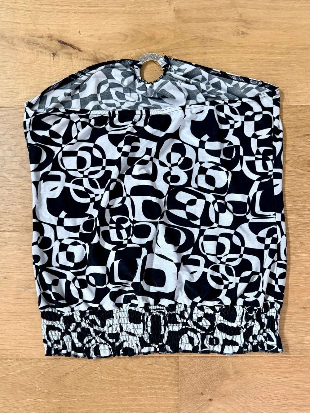 VTG EVE Y2K Op-Art Geometric Tube Top Black White Smocked Hem Ring Loop Wm Large - Picture 5 of 7